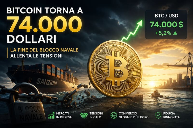 Bitcoin torna a 74.000 dollari: la fine del blocco navale allenta le tensioni