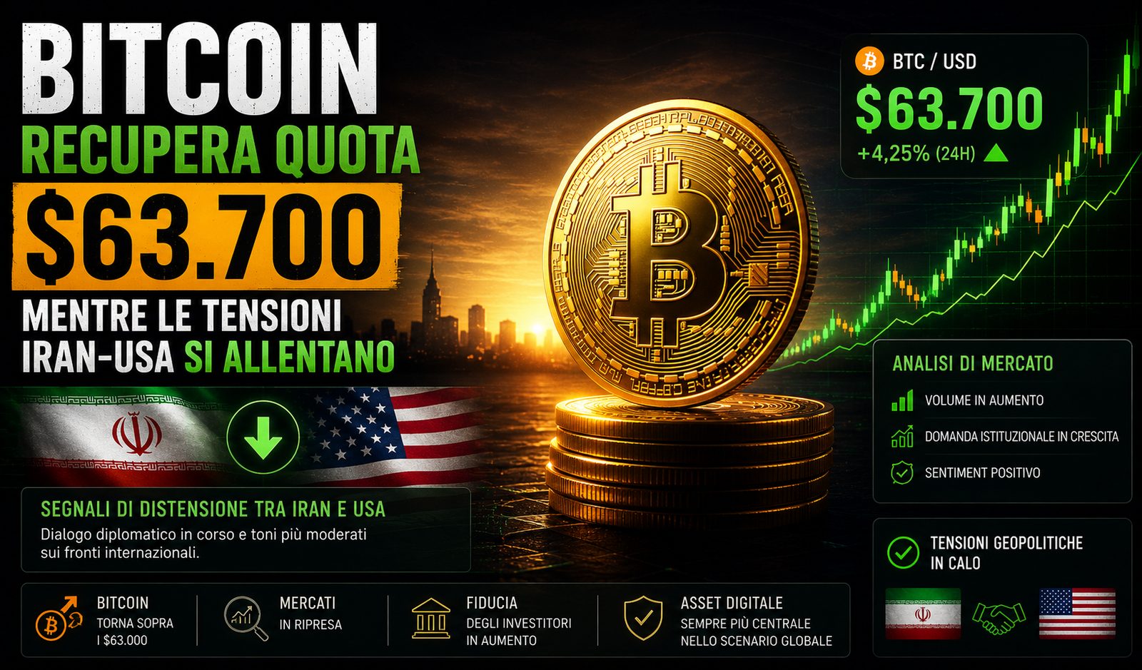 Bitcoin recupera quota $63.700 mentre le tensioni Iran-USA si allentano