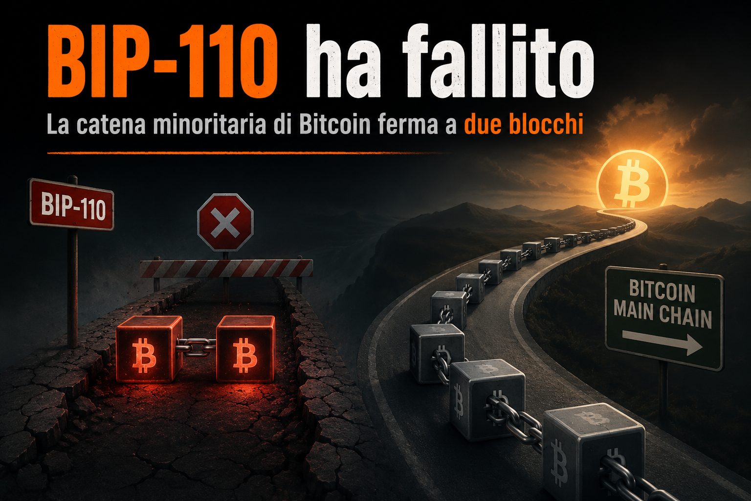 BIP-110, la catena minoritaria di Bitcoin ferma a due blocchi, il fallimento