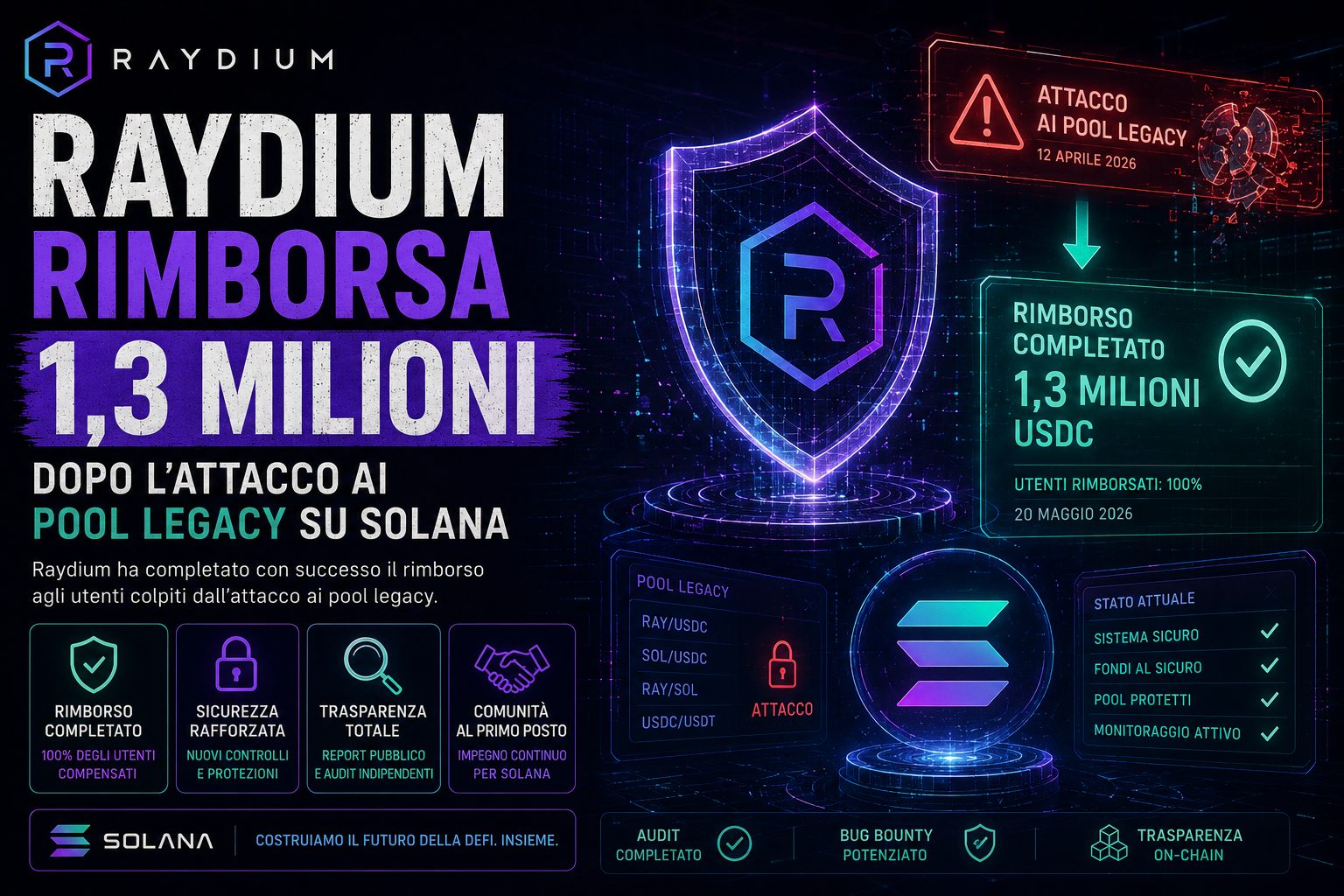 Raydium rimborsa 1,3 milioni dopo l'attacco ai pool legacy su Solana