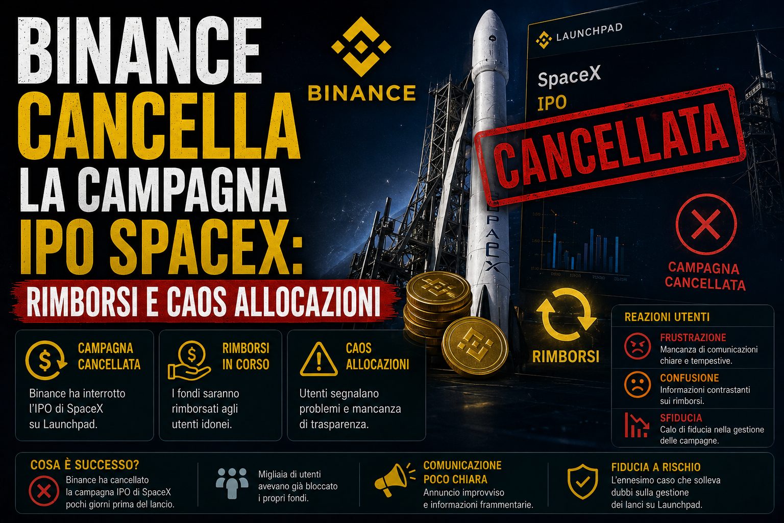 Binance cancella la campagna IPO SpaceX: rimborsi e caos allocazioni