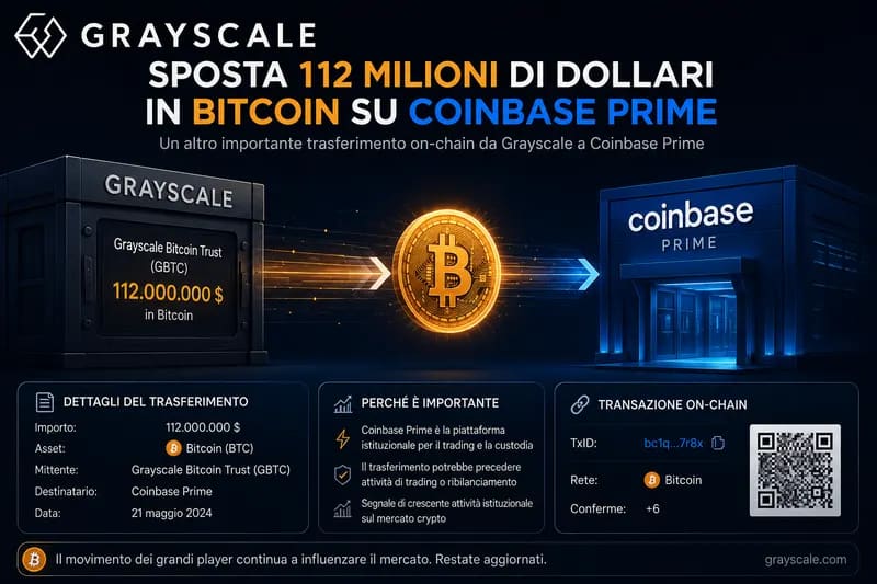 Grayscale sposta 112 milioni di dollari in Bitcoin su Coinbase Prime