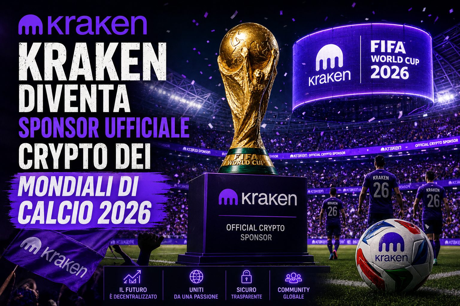 Kraken diventa sponsor ufficiale crypto dei Mondiali di calcio 2026