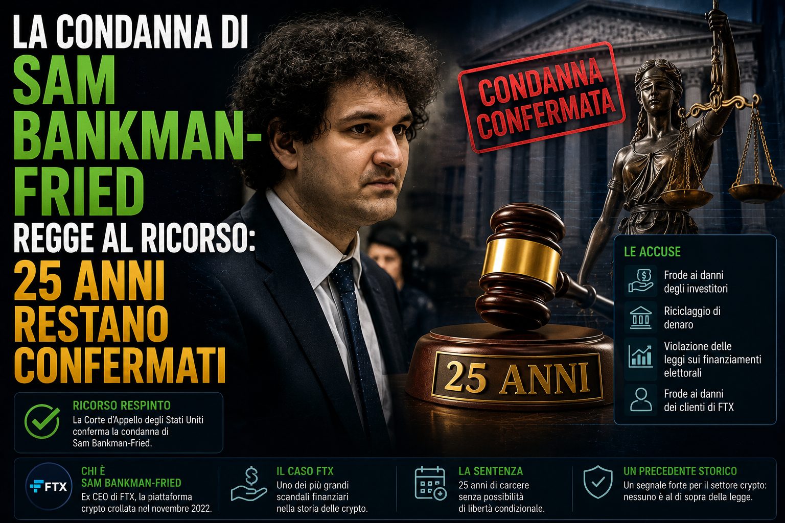 La condanna di Sam Bankman-Fried regge al ricorso: 25 anni restano confermati