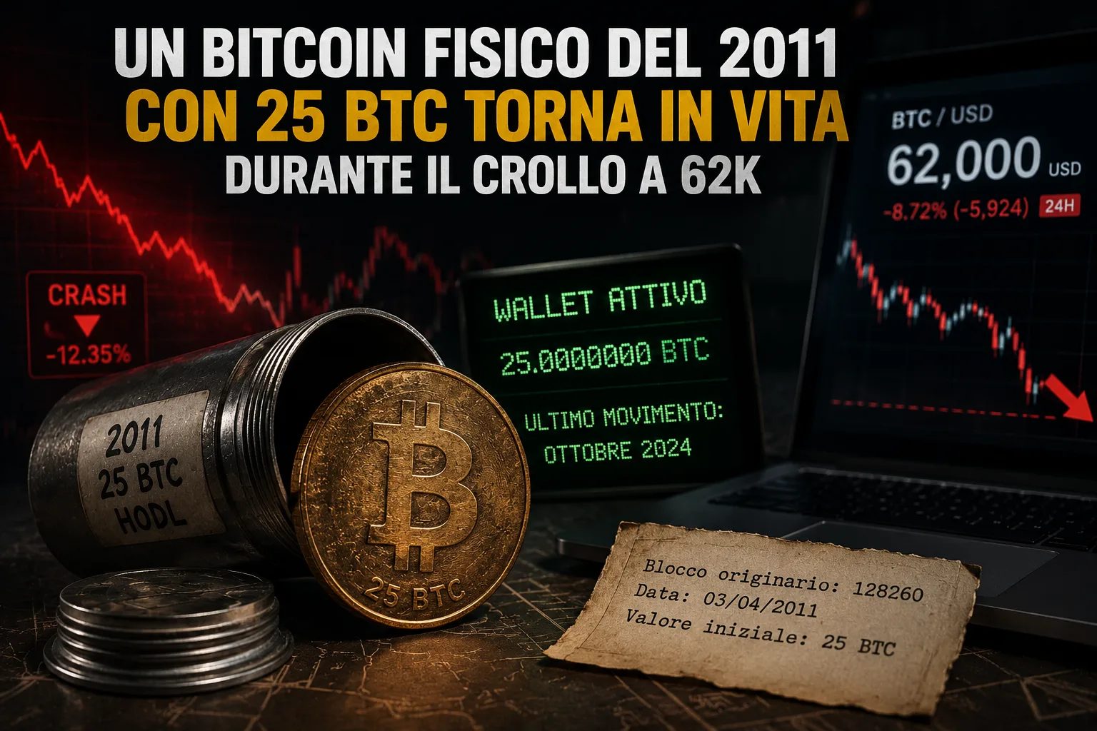 Un Bitcoin fisico del 2011 con 25 BTC torna in vita durante il crollo a 62k