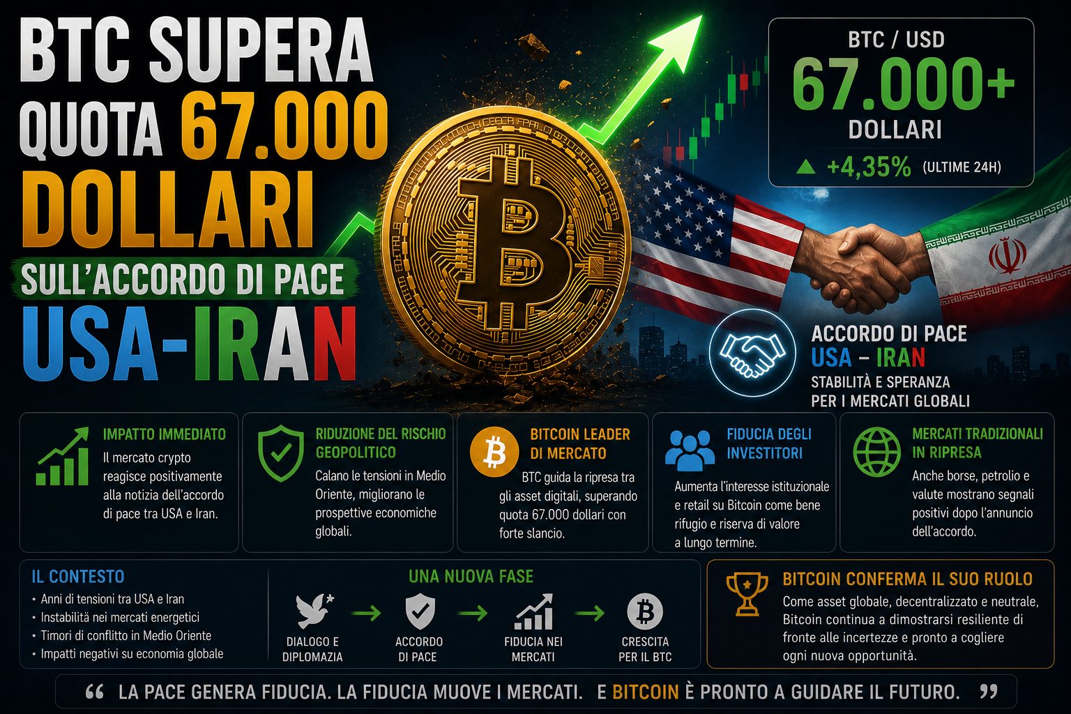 BTC supera quota 67.000 dollari sull'accordo di pace USA-Iran
