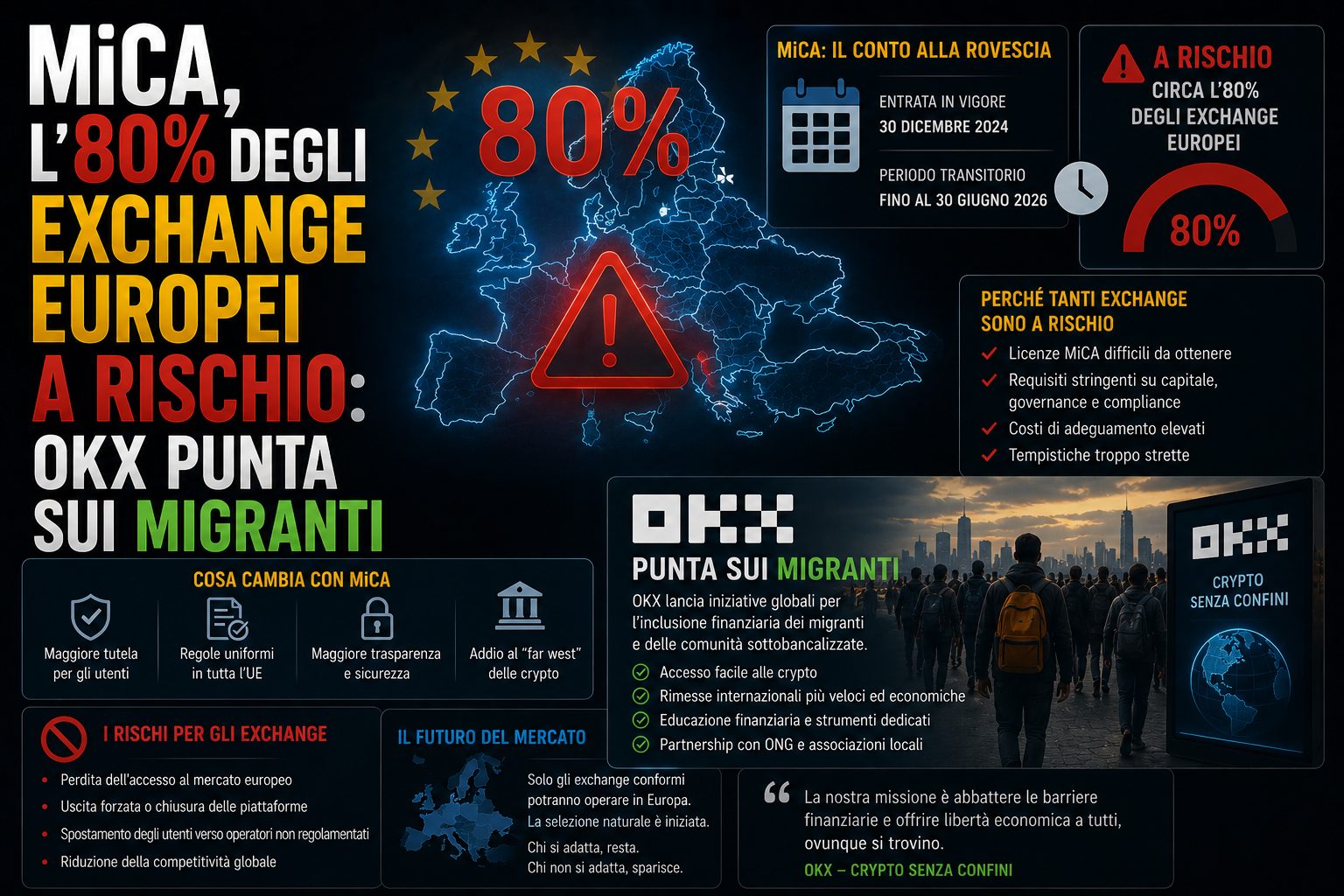 MiCA, l'80% degli exchange europei a rischio: OKX punta sui migranti