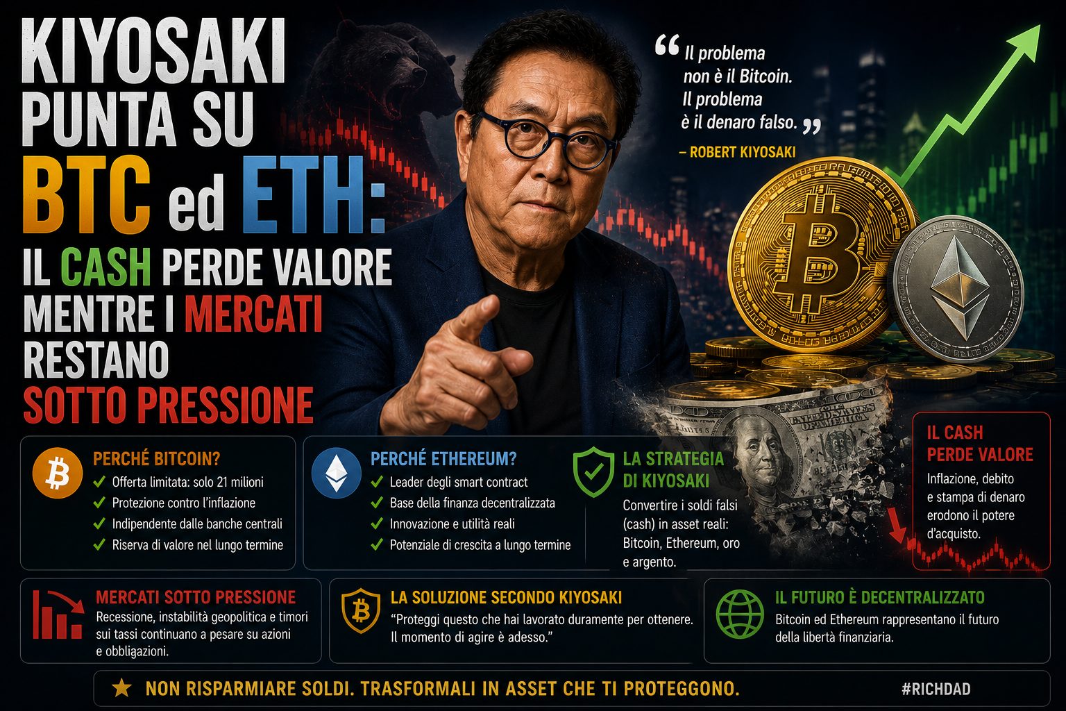Kiyosaki punta su BTC ed ETH: il cash perde valore mentre i mercati restano sotto pressione