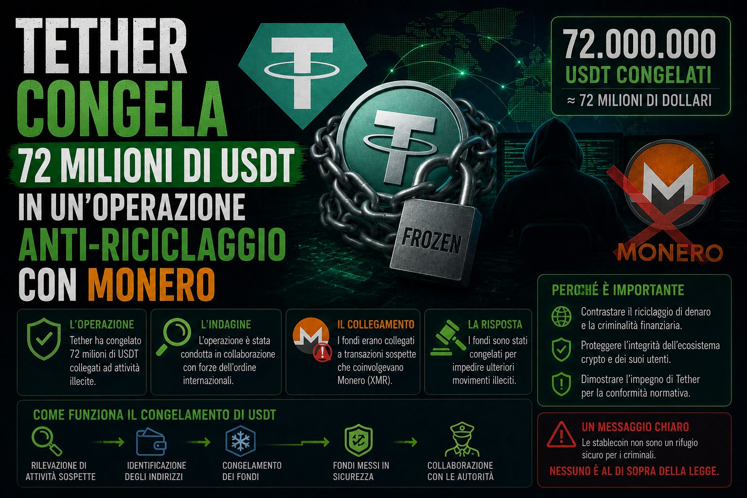 Tether congela 72 milioni di USDT in un'operazione anti-riciclaggio con Monero