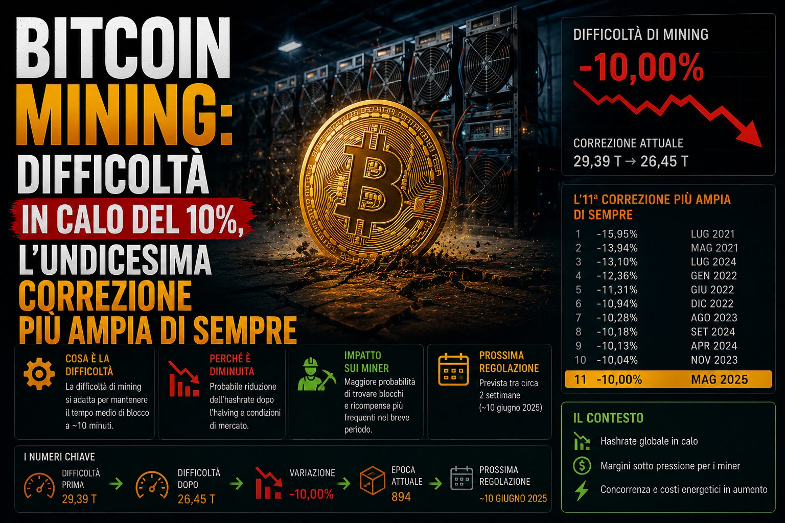 Bitcoin mining: difficoltà in calo del 10%, l'undicesima correzione più ampia di sempre