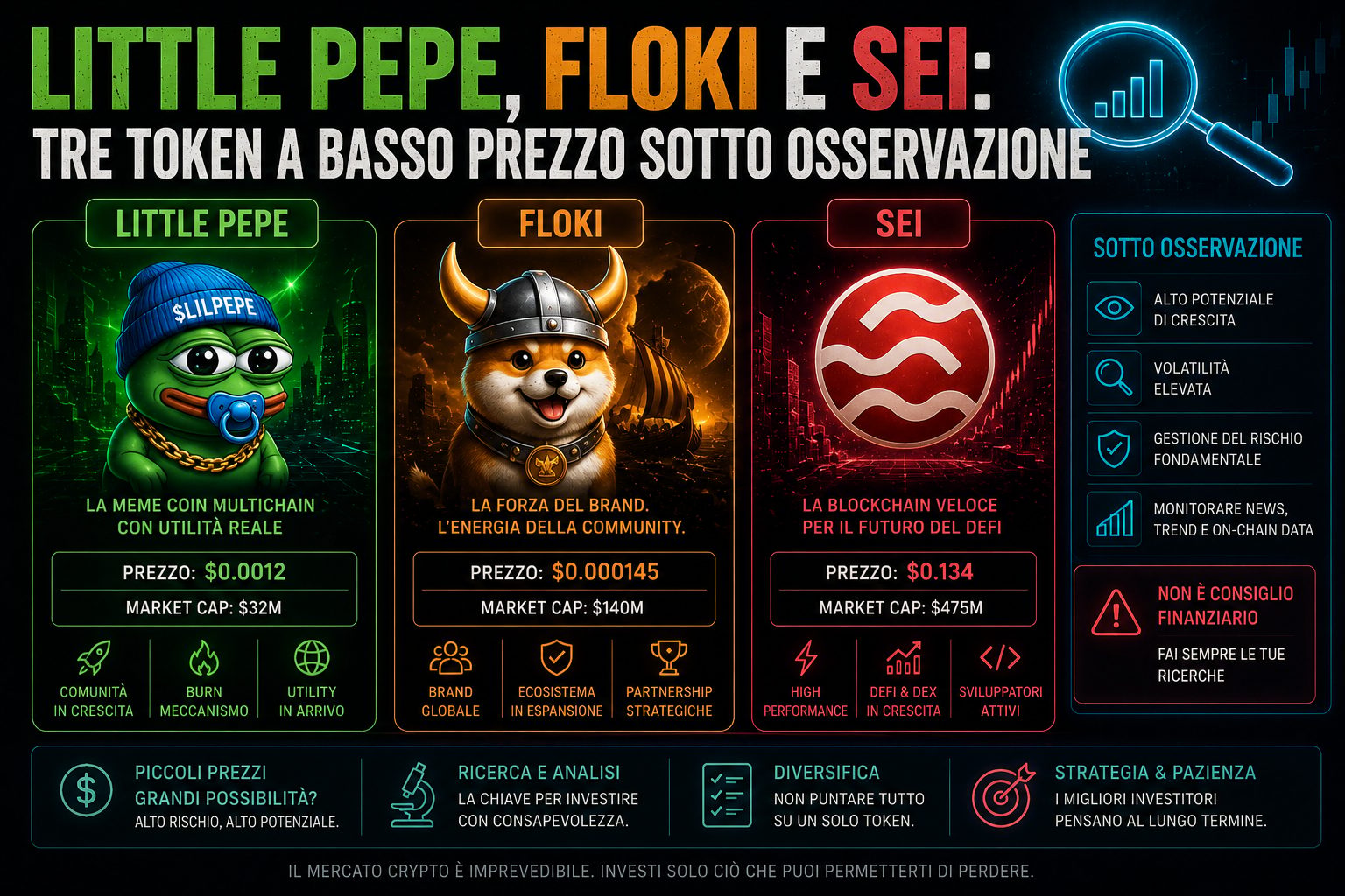 Little Pepe, FLOKI e SEI: tre token a basso prezzo sotto osservazione
